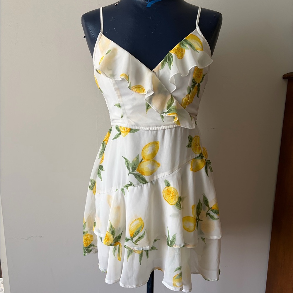 White Yellow Lemon Print Ruffle Sundress